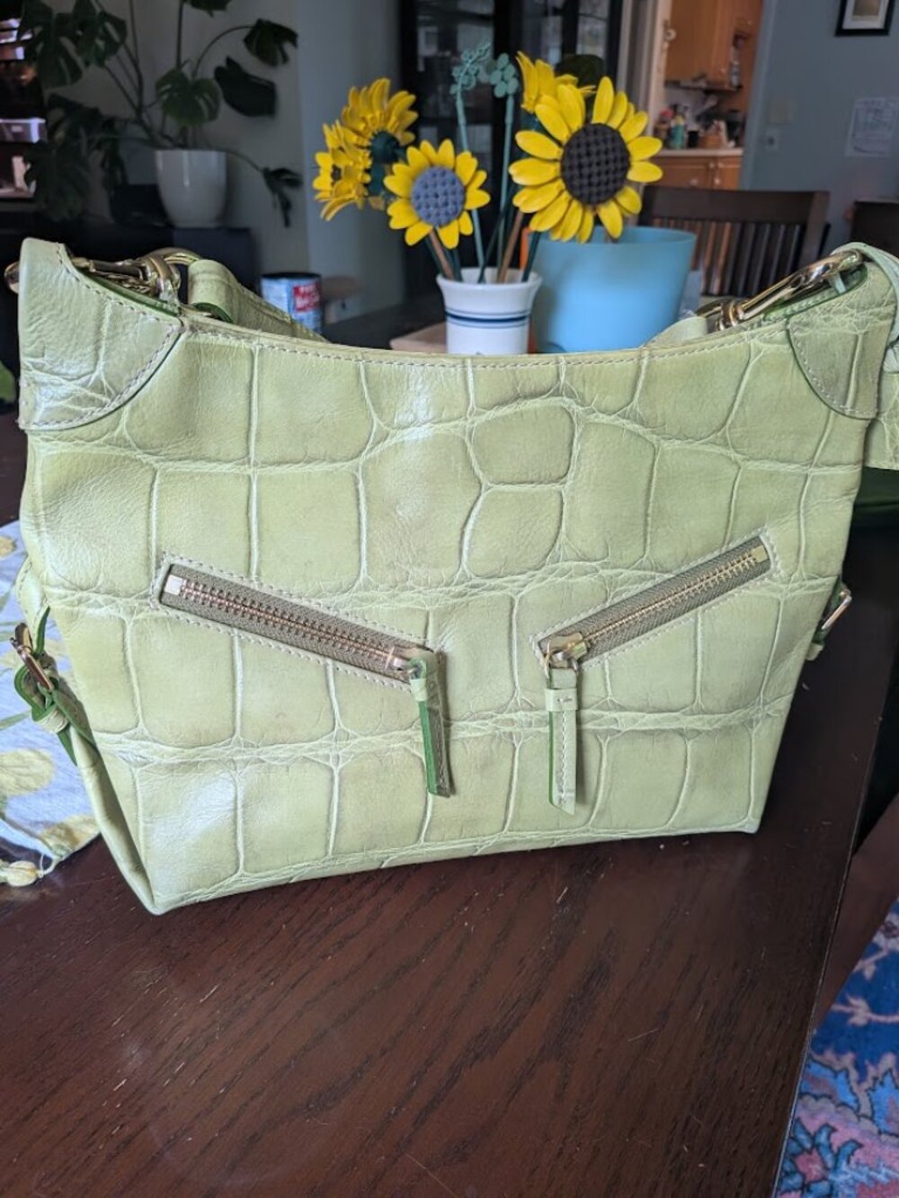 Dooney & Bourke Croc Embossed Leather Hobo Bag Lime Green Double Zip